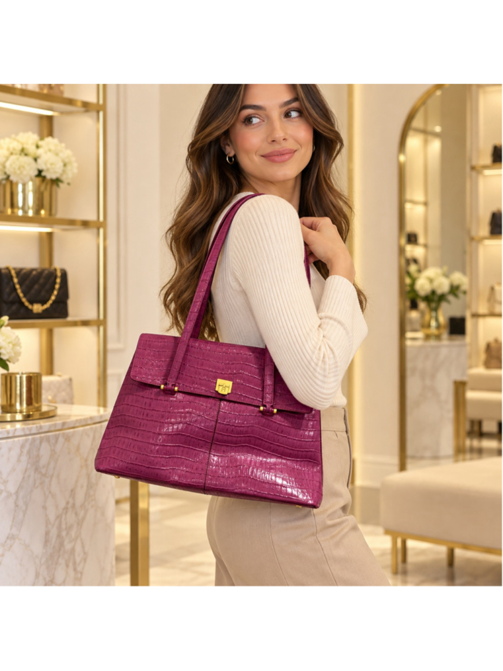 Women's Etienne Aigner Croc-Embossed Shoulder Tote Bag, One Size, Magenta